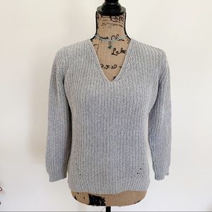 Ann Taylor LOFT Grey V Neck Cotton Chunky Sweater